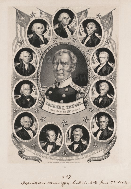 Zachary Taylor, the People's Choice for Twelfth President of the United States, Whig Campaign Banner, Portrait in Oval Surrounded by Portrait of Previous U.S. Presidents, Lithograph, Nathaniel Currier, 1848