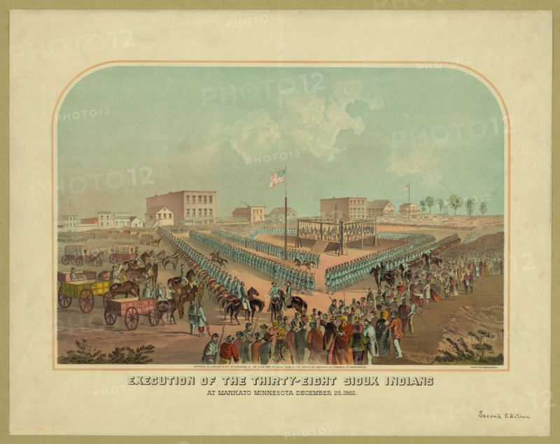 Execution of the Thirty-Eight Sioux Indians at Mankato, Minnesota, December 26, 1862, Lithograph, Hayes Litho. Co., Buffalo, NY, 1883
