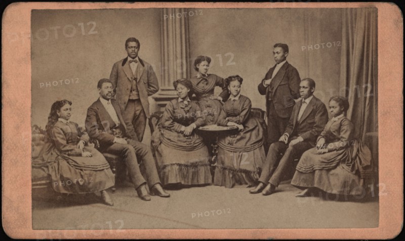 Group Portrait of Fisk University Jubilee Singers, with (from l. to r.) Minnie Tate, Greene Evans, Isaac Dickerson, Jennie Jackson, Maggie Porter, Ella Sheppard, Thomas Rutling, Benjamin Holmes, and Eliza Walker, William A. Gladstone Collection of African American Photographs, 1870s'