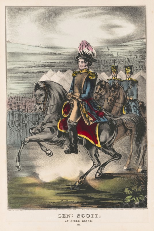 Genl. Scott at Cerro Gordo, General Winfield Scott, Full-length Portrait, Wearing Military Uniform, Riding on Horseback with Soldiers in Background, Battle of Cerro Gordo, Mexico, Lithograph, E.B. & E.C. Kellogg, 1847