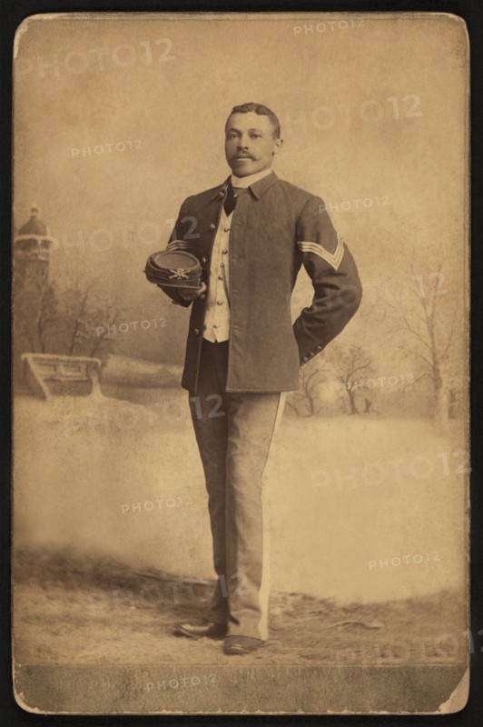 Buffalo Soldier, 25th Infantry, Full-Length Portrait in Uniform Holding Hat, Fort Custer, Montana, USA, by Orlando Scott Goff, William A. Gladstone Collection of African American Photographs, 1880's