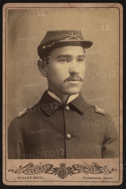 Head and Shoulders Portrait of Buffalo Soldier, African American Officer, Lt. 1st Infantry, Four-Button Sack Coat and Hat, Cabinet Card, Staley Bros., William A. Gladstone Collection of African American Photographs, 1866