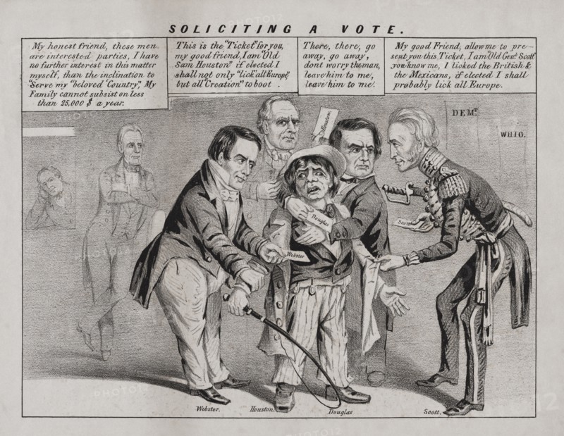 "Soliciting a Vote", Political Cartoon during U.S. Presidential Campaign Featuring Stephen Douglas, Sam Houston, Winfield Scott, Daniel Webster,  Lithograph, John L. Magee, 1852