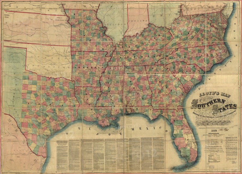 Lloyd's Map of the Southern States showing all the Railroads, their Stations & Distances, Published by James T. Lloyd, New York, 1862