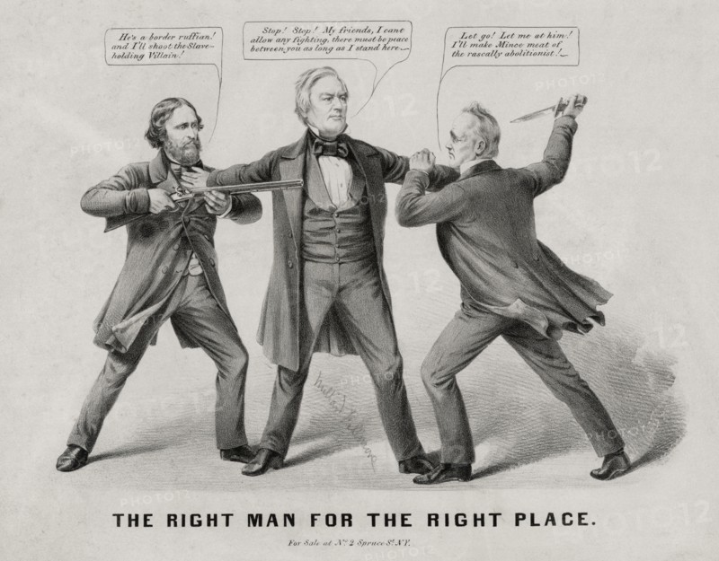 "the Right Man for the Right Place", Political Cartoon featuring U.S. Presidential Candidates John C. Fremont, Millard Fillmore & James Buchanan, Nathaniel Currier, 1856