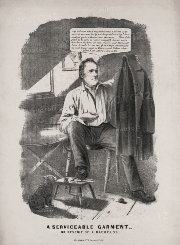 "A Serviceable Garment, or Reverie of a Bachelor", Political Cartoon featuring U.S. Presidential Candidate James Buchanan, Lithograph, Nathaniel Currier, 1856