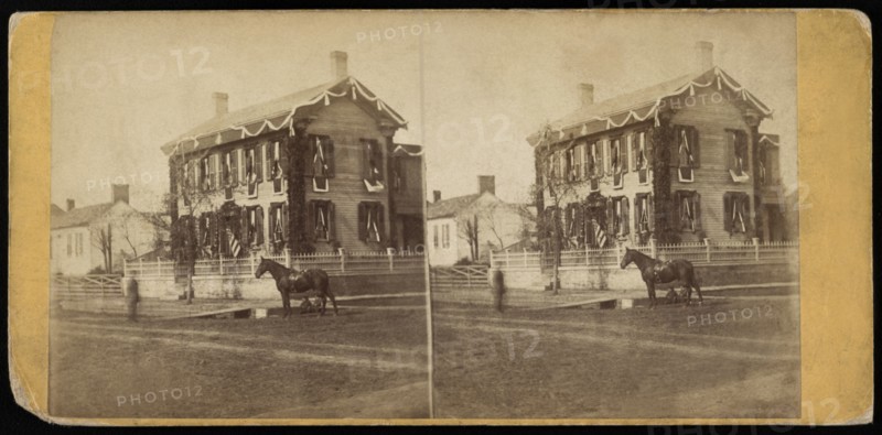 Street View of Abraham Lincoln's Home draped in Mourning on the day of his Funeral, Springfield, Illinois, USA, Photograph by Ridgeway Glover, April 1865
