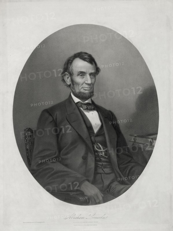 Half-Length Seated Portrait of Abraham Lincoln, Lithograph by Joseph E. Baker from a Photograph by  M.B. Brady & Co., Printed and Published by Bufford's Print Publishing House, Boston, Massachusetts, 1865
