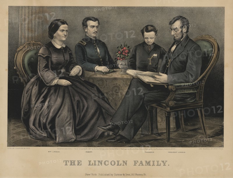 The Lincoln Family, from Left Mary Todd Lincoln, Robert Lincoln, Thomas Lincoln, Abraham Lincoln, Lithograph by Currier & Ives, 1867