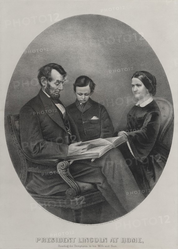 President Lincoln at Home, Reading the Scriptures to his Wife and Son, Currier & Ives, 1865