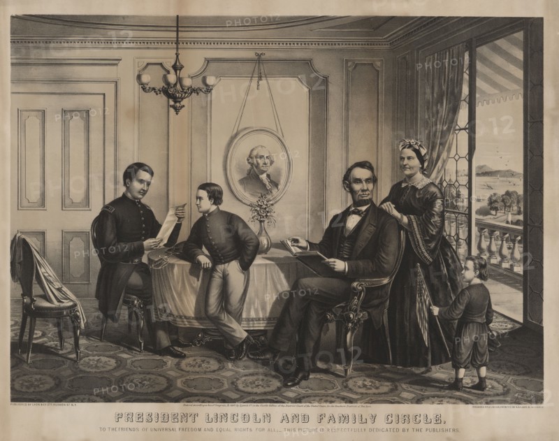 President Lincoln and Family Circle, from left Robert Lincoln, William Lincoln, Abraham Lincoln, Mary Todd Lincoln, Thomas Lincoln, Engraved by J.L. Giles, Published by Lyon & Co., 1867