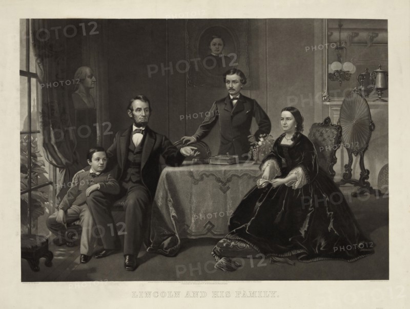 Lincoln and his Family, Portrait of Abraham Lincoln with Wife Mary Todd Lincoln (sitting at right) and Sons Robert (standing) and Thomas (sitting at left), Engraving by William Sartain from a Painting by Samuel Bell Waugh, Published by Bradley & Co., 1866