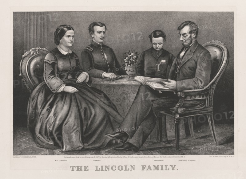 The Lincoln Family, from Left Mary Todd Lincoln, Robert Lincoln, Thomas Lincoln, Abraham Lincoln, Lithograph by Currier & Ives, 1866