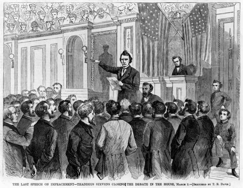 The Last Speech on Impeachment, Thaddeus Stevens Closing the Debate in the House, March 2, Sketched by T.R. Davis, Harper's Weekly, March 21, 1868
