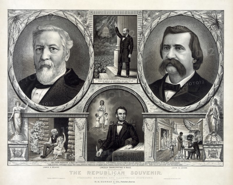 The Republican Souvenir, Standard Bearers & Illustrious Statesmen, Featuring U.S. Presidents Abraham Lincoln and James A. Garfield, and Presidential and Vice-Presidential Candidates James G. Blaine and John A. Logan, Published by R.H. Curren & Co., 1884