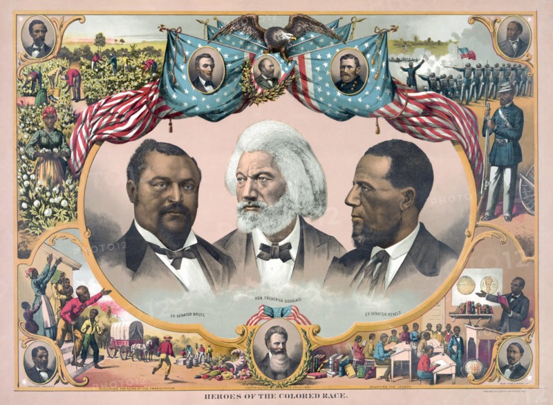 "Heroes of the Colored Race", Featuring Blanche Kelso Bruce, Frederick Douglass, and Hiram Rhoades Revels, Chromolithograph, Published by J. Hoover, Philadelphia, 1881