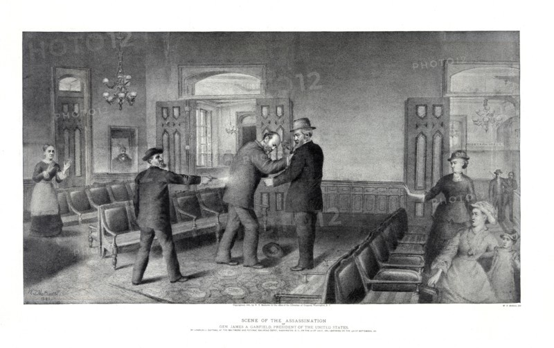 Scene of the Assassination of Gen. James A. Garfield, President of the United States, Lithograph, W.T. Mathews, 1881