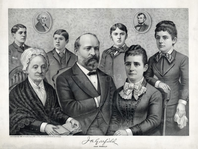 J.A. Garfield and Family, Portrait of U.S. President James A. Garfield Sitting in Parlor with his mother, Eliza, and his wife, Lucretia, and with three sons and daughter standing behind them, Lithograph, Published by Kurz & Allison, 1882