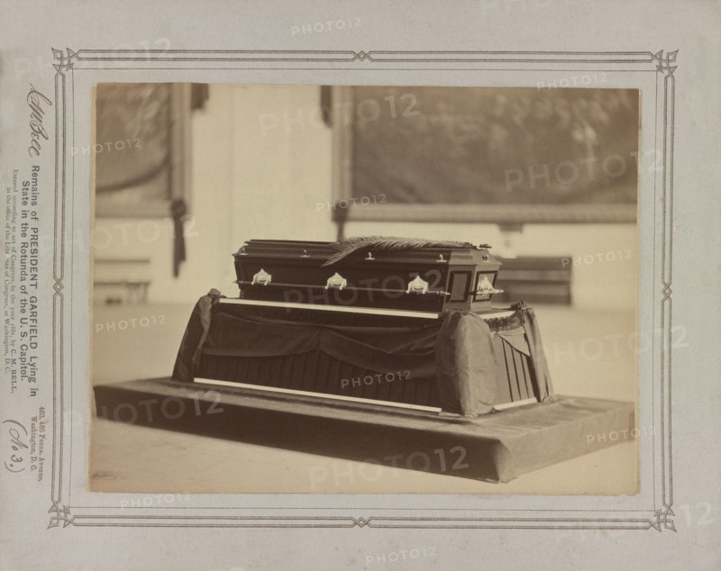Remains of President Garfield lying in State in the Rotunda of the U.S. Capitol, Washington, DC, USA, Photograph by Charles Milton Bell, 1881
