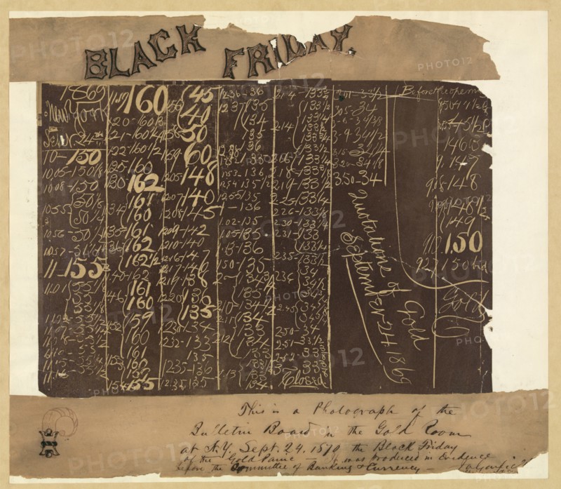Black Board in  New York Gold Room Showing the Collapse of the Price of Gold, Handwritten Caption by James A. Garfield, Photograph, September 24, 1869