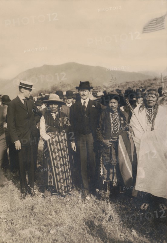 Secretary of the Interior, James Rudolph Garfield, his son with Chief Carlos and his son, Flathead Indian Reservation, Montana, USA, Photograph by Edward H. Boos, 1907