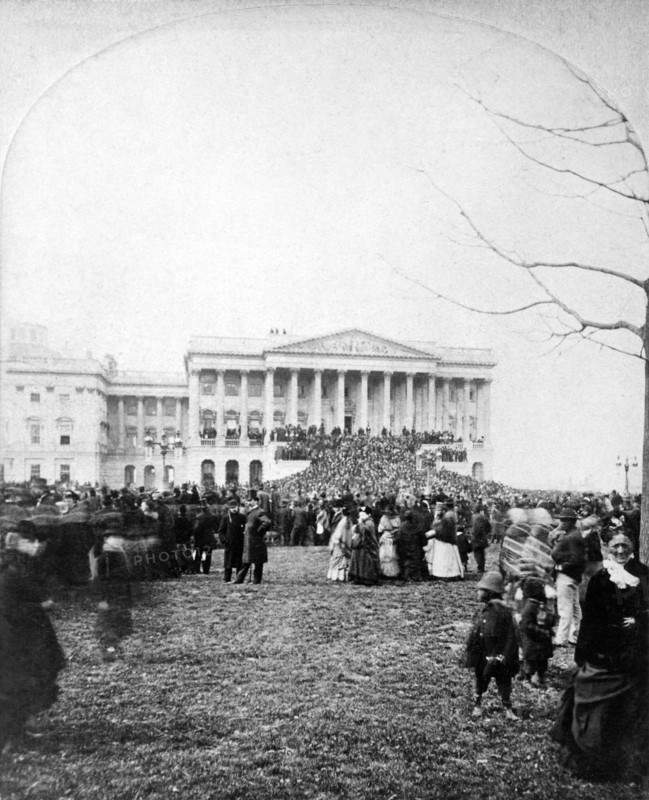 Crowd attending Inauguration of U.S. President Rutherford B. Hayes, Senate Wing of U.S. Capitol Building in Background, Washington DC, USA, Stereograph, March 5, 1877