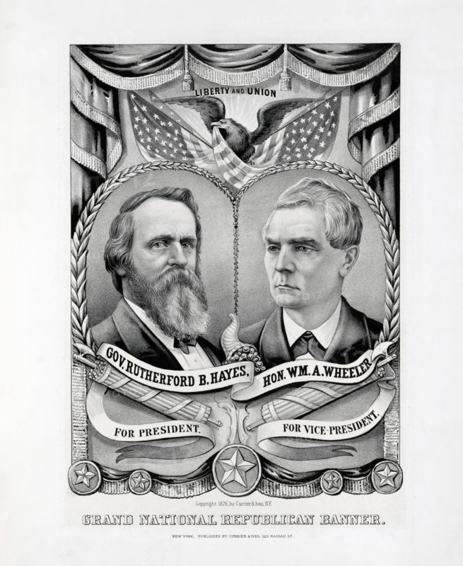 Grand National Republican Banner, Gov. Rutherford B. Hayes for President, Hon. William A. Wheeler for Vice President, Presidential Election Campaign Banner, Lithograph, Published by Currier & Ives, 1876