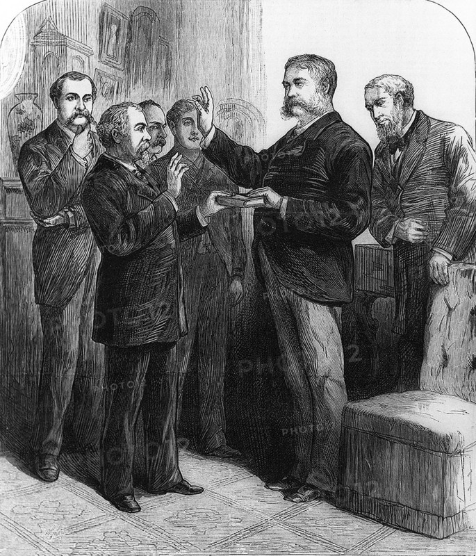 The Death of President Garfield, Judge Brady administering the Presidential oath to Vice President Arthur, at his residence in New York, September 20th, Cover illustration, Frank Leslie's illustrated Newspaper, October 8, 1881