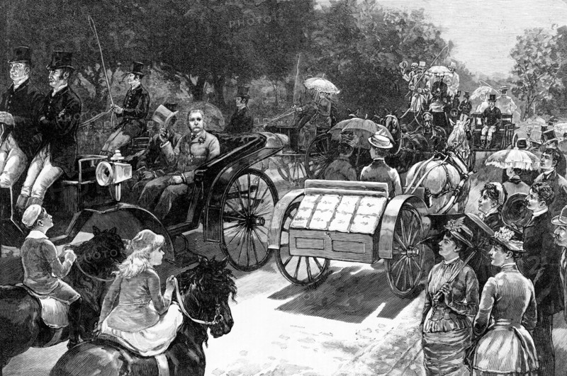 "The President's Vacation - on Bellevue Avenue, Newport", President Chester A. Arthur in Horse-Drawn Carriage on Crowded Road, drawn by W.P. Snyder, Harper's Weekly, September 6, 1884