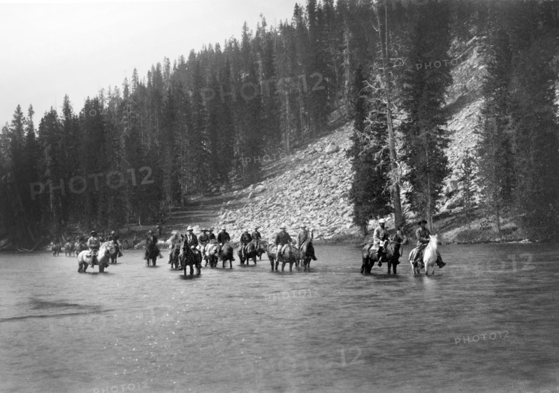 U.S. President Chester A. Arthur and Party Crossing Lewis Fork, Snake River, Yellowstone National Park, Wyoming, USA, Photograph by Frank J. Haynes, 1883