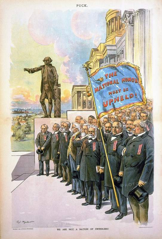 "We are not a Nation of Swindlers!", Political Cartoon of a group of people featuring U.S. Presidents Grover Cleveland, William McKinley, and Benjamin Harrison in foreground, with McKinley holding up flag, "The National Honor must be Upheld!", Puck Magazine, Keppler & Schwarzmann, October 21, 1896