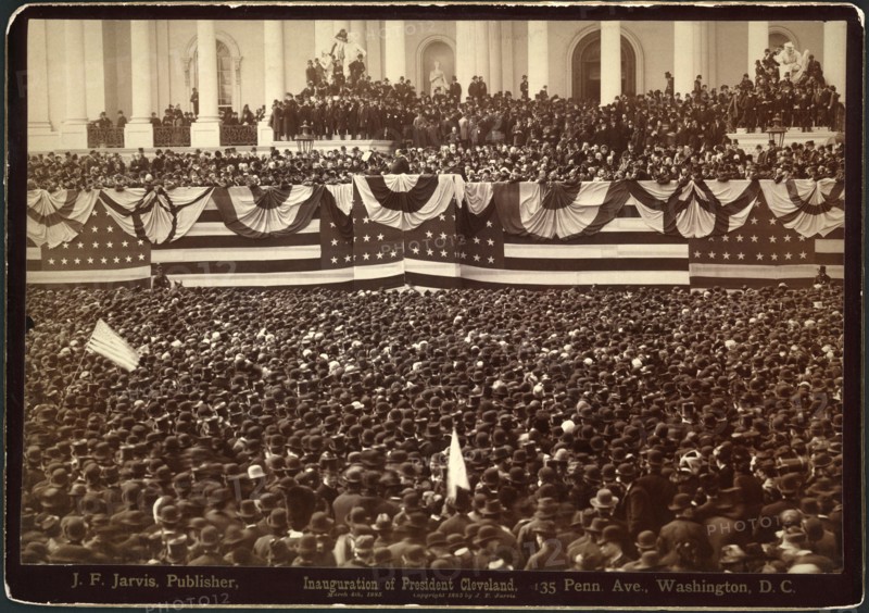 Inauguration of President Cleveland, U.S. President Grover Cleveland Delivering his Inaugural address to crowd, East Portico of U.S. Capitol, Washington DC, USA, Photograph by J.F. Jarvis, March 4, 1885