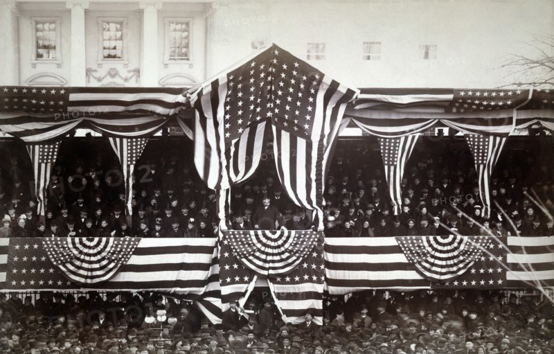 U.S. President Grover Cleveland in Reviewing Stand in front of the White House during his Inauguration, Washington DC, USA, Photograph by J.F. Jarvis, March 4, 1885
