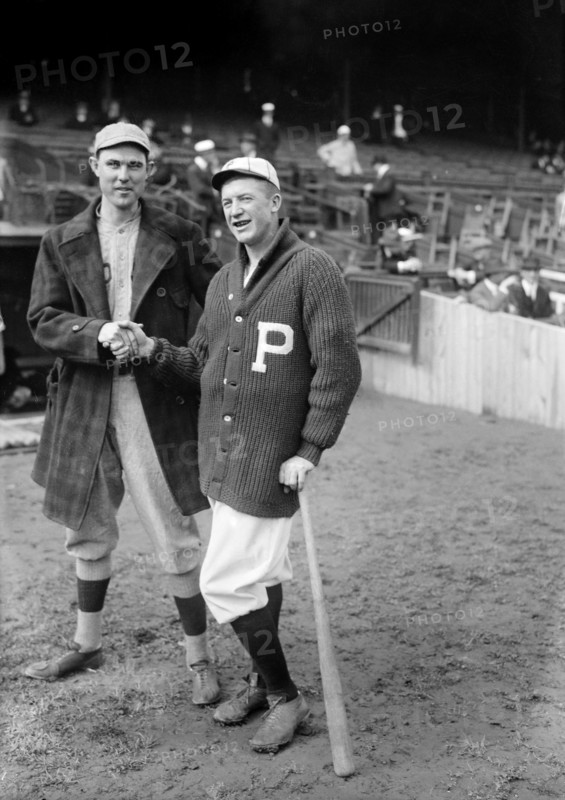 Ernie Shore (left), Boston Red Sox, and Grover Cleveland Alexander, Philadelphia Phillies, Shaking Hands during World Series, Philadelphia, Pennsylvania, USA, Bain News Service, 1915
