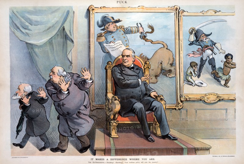 "It Makes a Difference Where you Are", Political Cartoon featuring President William McKinley sitting on Chair with two Paintings Hanging on the Wall Illustrating the Foreign Policies of former Presidents Benjamin Harrison and Grover Cleveland, who are both Walking Away, Artwork by Udo J. Keppler, Puck Magazine, Keppler & Schwarzmann, February 20, 1901