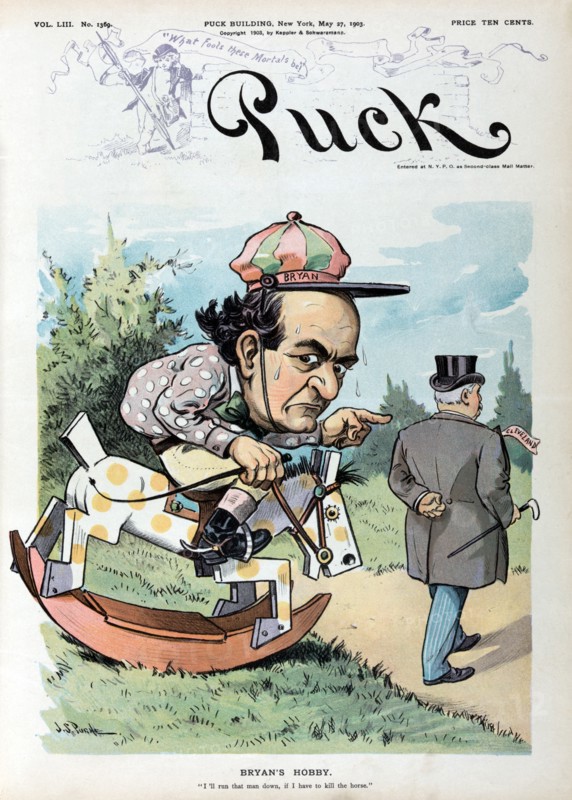 "Bryan's Hobby", Political Cartoon Featuring William Jennings Bryan as a horse racing jockey sitting on a rocking horse trying to catch Grover Cleveland, Artwork by John S. Pugh, Lithograph by J. Ottmann Lith. Co., Puck Magazine, Keppler & Schwarzmann, May 27, 1903