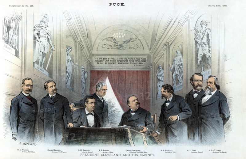 President Cleveland and his Cabinet, L-R: W.C. Whitney, Secretary of the Navy, Daniel Manning, Secretary of the Treasury, A.H. Garland, Attorney-General, T.F. Bayard, Secretary of State, W.C. Endicott, Secretary of War, W.F. Vilas, Postmaster-General and L.Q.C. Lamar, Secretary of the Interior" Artwork by Joseph Keppler, Puck Magazine, Keppler & Schwarzmann, March 11, 1885