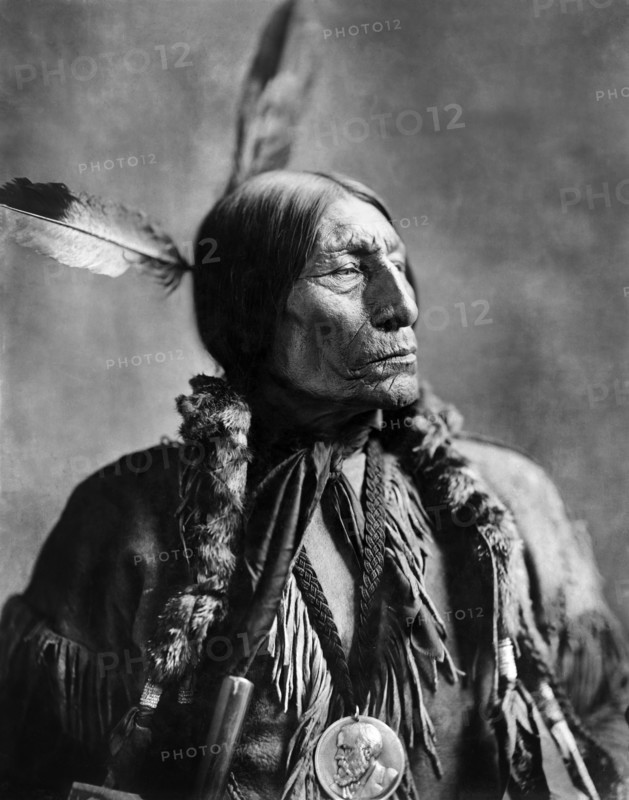 Wolf Robe, Southern Cheyenne Chief, Wearing a Benjamin Harrison Presidential Medallion, which he Received from the Federal Government in 1890 for Assisting the Cherokee Commission in Negotiations for Disposal of land, Head and Shoulders Portrait, Louisiana Purchase Exposition, St. Louis, Missouri, USA, 1904