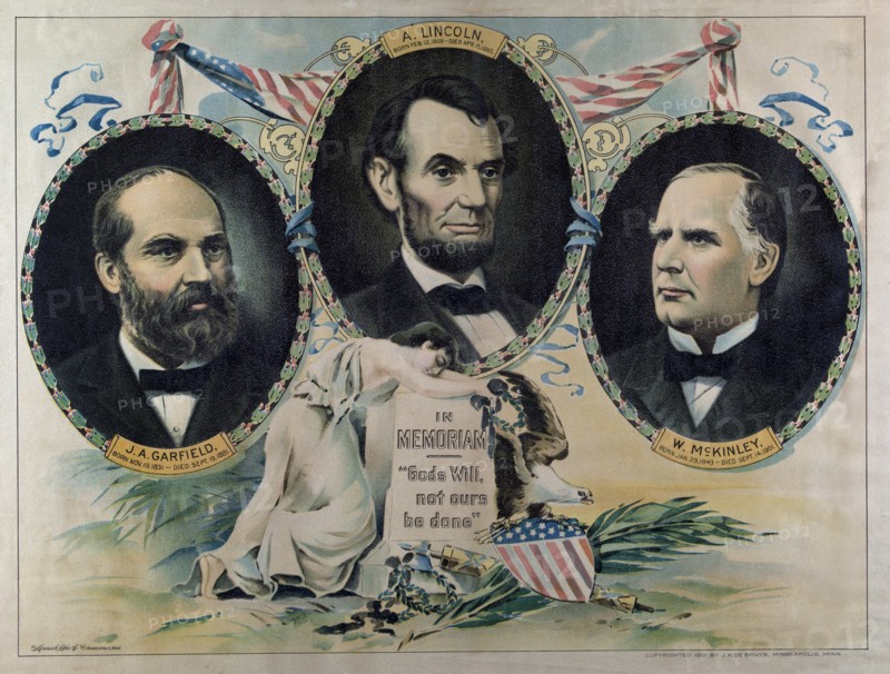 In Memoriam, "Gods Will, Not Ours be Done", Head and Shoulders Portraits of Assassinated U.S. Presidents James A. Garfield, Abraham Lincoln & William McKinley, Lithograph, Monasch Lith. Co., Published by J.H. De Bruyn, 1901