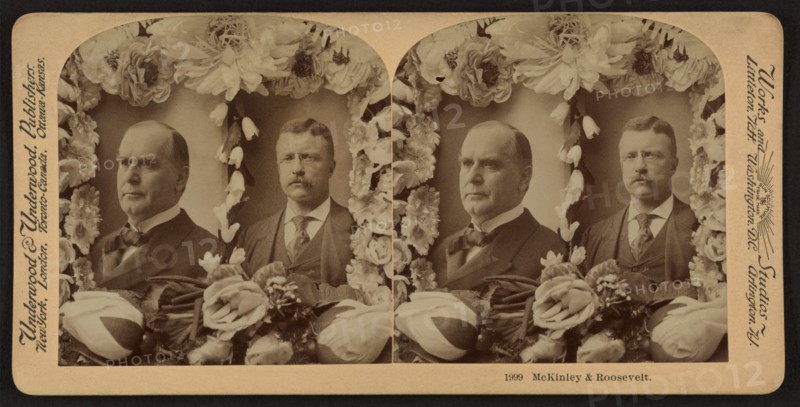 U.S. President William McKinley and Theodore Roosevelt during Presidential Election of 1900, Stereo Card, Underwood & Underwood, October 1900
