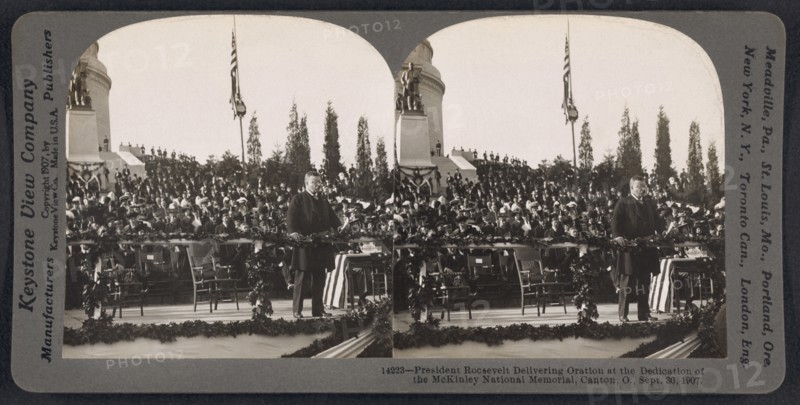 President Roosevelt delivering an oration after the unveiling of the McKinley statue, Canton, Ohio, USA, Stereo Card, Keystone View Company, September 30, 1907