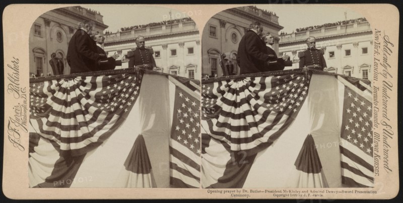 Opening Prayer by Dr. Butler with President McKinley and Admiral Dewey, Sword Presentation Ceremony, U.S. Capitol Steps, Washington DC, USA, Stereo Card, Underwood & Underwood, 1899