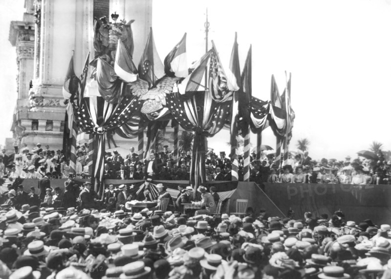 U.S. President William McKinley Delivering Address to Crowd from Flag-Draped Stand, Pan-American Exposition in Buffalo, New York, USA, Photograph by C.D. Arnold, September 5, 1901