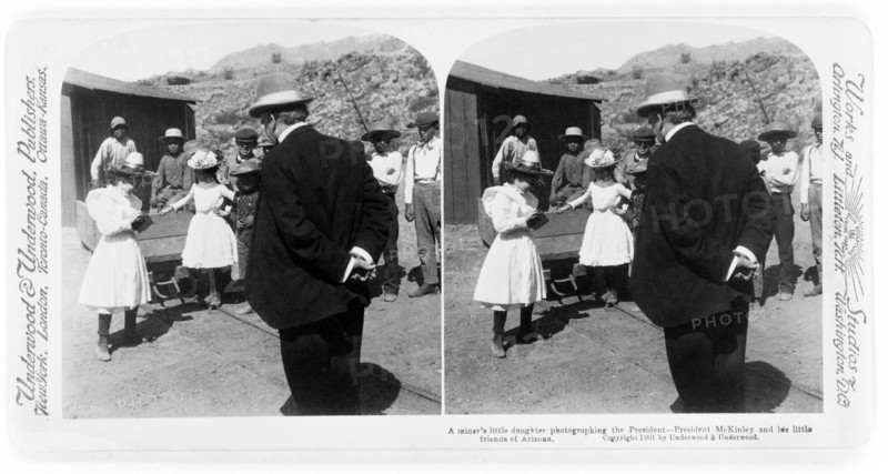 A Miner's Daughter Photographing the President--President McKinley and his little friends of Arizona, Stereo Card, Underwood & Underwood, 1901
