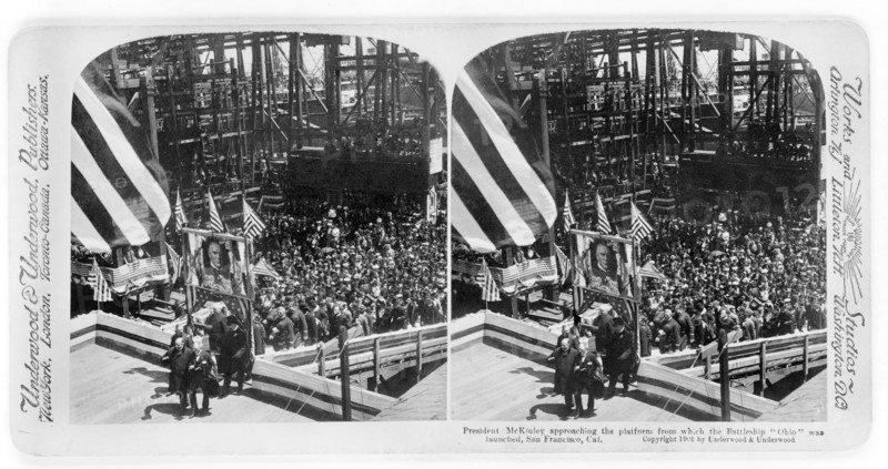President McKinley Approaching the Platform from which Battleship "Ohio" was Launched, San Francisco, California, USA, Stereo Card, Underwood & Underwood, 1901