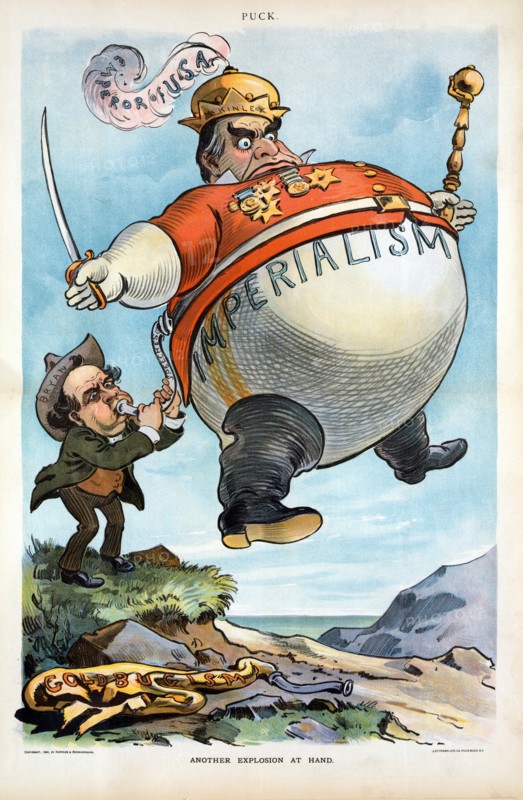 "Another Explosion at Hand", Political Cartoon Featuring William Jennings Bryan, using  hot-air from his "Speeches", to inflate a Large Balloon Labeled "Imperialism", of President William McKinley Dressed as the "Emperor of USA", holding a Scepter and Sword, Artwork by Udo J. Keppler, Lithograph by J. Ottmann Lith. Co., Published by Keppler & Schwartzmann, September 19, 1900