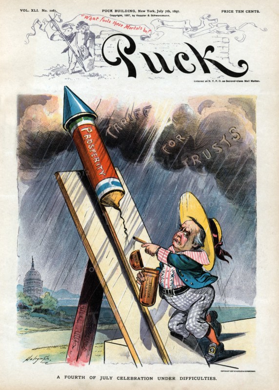 "A Fourth of July Celebration under Difficulties", Political Cartoon featuring U.S. President William McKinley, as a Young Boy, Attempting to Light Fuse to Fireworks Rocket labeled "Prosperity" using "McKinley Administration Matches" during Rainstorm beneath Dark Clouds Labeled "Tariff for Trusts", Puck Magazine, Artwork by Louis Dalrymple, Published by Keppler & Schwartzmann, July 7, 1897