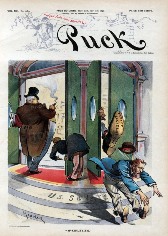 "McKinleyism", Political Cartoon Featuring Fat Businessman Labeled "Monopolist" being Welcomed into  "U.S. Senate", and on right, a "Tax Payer" being Booted out by  Large Shoe Labeled "Tariff Legislation", Puck Magazine, Artwork by Udo J. Keppler, Published by Keppler & Schwartzmann, July 21, 1897