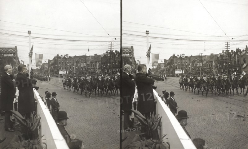 U.S. President Theodore Roosevelt with the Mayor of Canton Reviewing Parade on McKinley Memorial Day, Canton, Ohio, USA, Stereo Card, October 7, 1907
