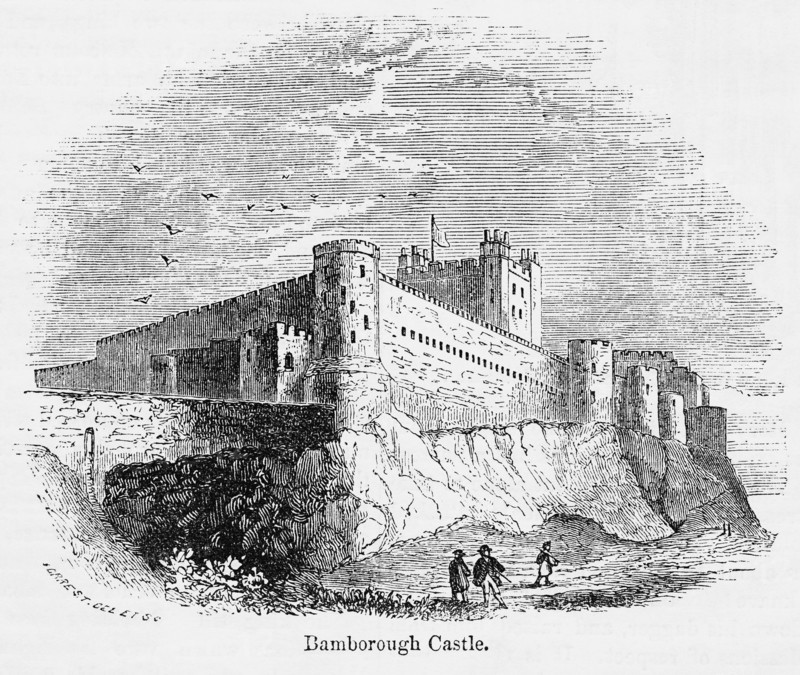 Bamborough Castle, now known as Bamburgh Castle, Illustration from John Cassell's Illustrated History of England, Vol. I from the earliest period to the reign of Edward the Fourth, Cassell, Petter and Galpin, 1857